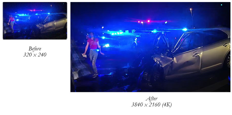 body cam image of a car accident scene at night original and upscaled